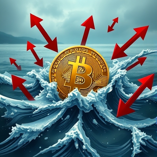 比特幣在極度恐懼浪潮中掙扎的插圖,紅箭頭象徵市場修正與投資損失