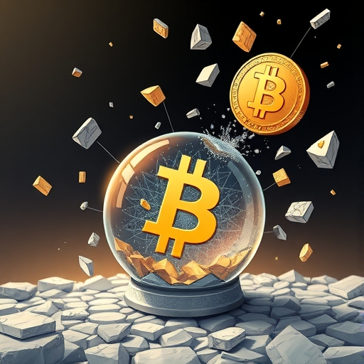 比特幣快速下跌插圖，驚訝市場分析師，破碎水晶球代表預測失敗，複雜市場動態