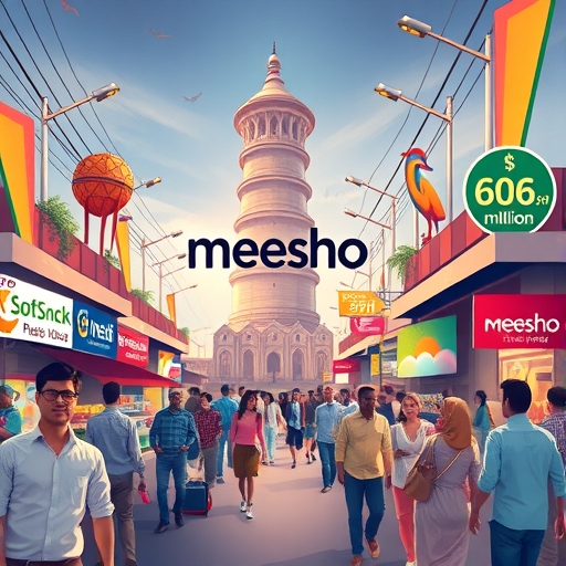 印度電商市場繁忙景象，Meesho標誌與6.06億美元IPO標誌，SoftBank持有股份象徵信心與策略投資，充滿活力的數位經濟