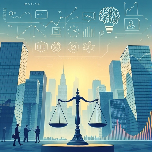 An illustration of a bustling financial market with AI technology symbols rising above skyscrapers investors analyzing charts with data streams and a balancing scale representing risk and opportunity