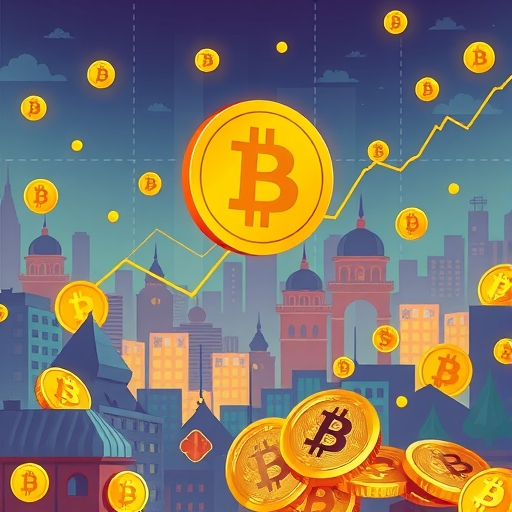 An illustration of a bustling global cryptocurrency market with Bitcoin leading, showing price dips and rises, investors buying the dip, and miners facing energy challenges before halving