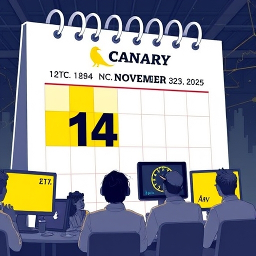 2025年11月14日星期四日曆突出顯示,Canary ETF標誌與投資者期待上市