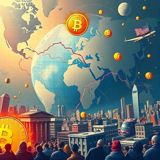 全球加密貨幣市場混亂圖示，顯示地緣政治緊張、監管框架與比特幣價格波動交織的數位資產生態動盪