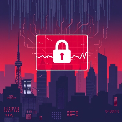 城市天際線圖示,伴隨緊急警笛與損壞數位警報螢幕,勒索軟體鎖頭象徵關鍵基礎設施遭網路攻擊與通訊中斷