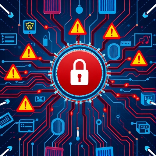 複雜數位網路圖示,顯示警告標誌與鎖頭保護政府資料及關鍵基礎設施免受網路威脅與勒索軟體攻擊