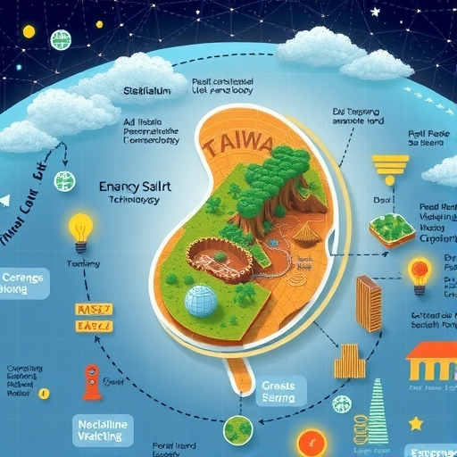 複雜全球經濟景觀插圖，台灣小島航行於挑戰與<a href=