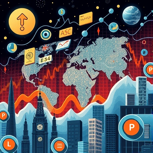 複雜全球經濟插圖，通膨與地緣政治緊張導致市場波動，<a href=