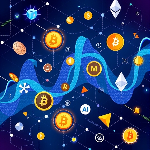 複雜交織的加密貨幣市場插圖，展示比特幣、以太坊、Solana 和 Avalanche 等數位資產浮動，象徵投資機會與風險
