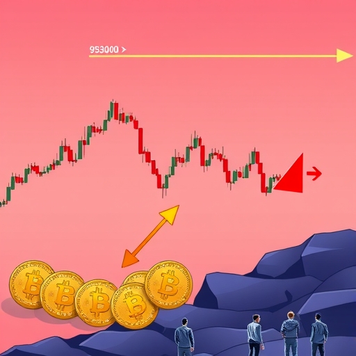 加密貨幣市場圖表顯示比特幣價格大幅下跌,低於93,000美元,遠處有小向上箭頭暗示局部底部形成,投資者謹慎觀察