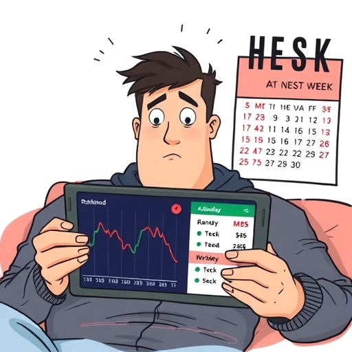 An illustration of a disheartened investor looking at a tablet displaying a steep downward trending stock graph for Robinhood a calendar showing a harsh week a sense of financial anxiety illustration style
