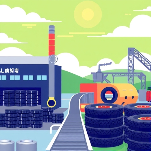 金峰行工廠插圖,輪胎堆疊與輸送帶通往回收設施,綠色天空象徵永續輪胎解決方案與循環經濟倡議