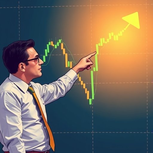 An illustration of a financial analyst pointing to a glowing stock chart highlighting a hidden gem company called dividend hopefuls promising significant returns for investors