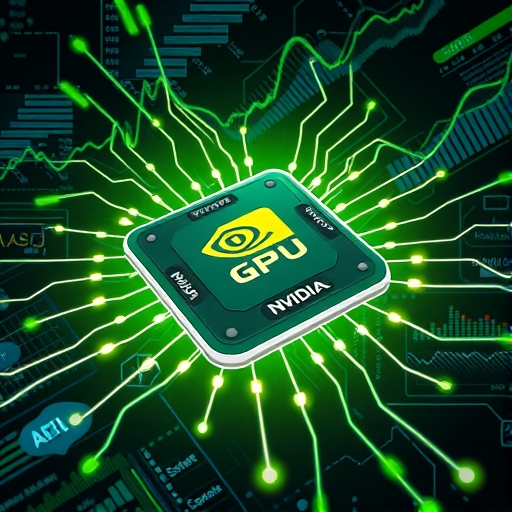 未來感NVIDIA GPU晶片發光，環繞資料流與成長圖表，象徵AI需求與市場領導力