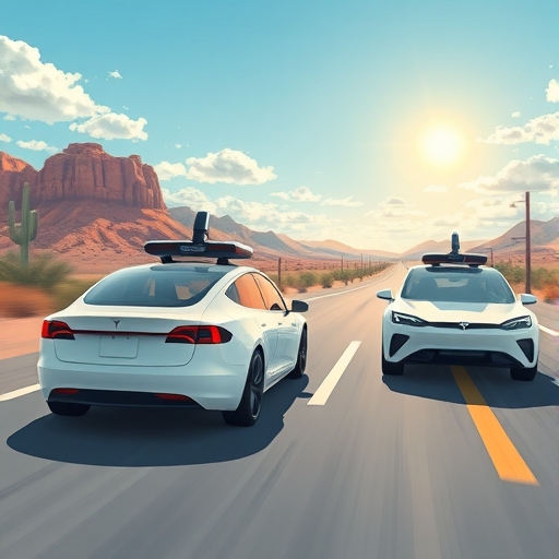 未來特斯拉機器人計程車與Waymo自駕車在亞利桑那晴空下的競爭插圖,代表激烈競爭