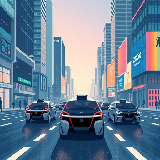 未來城市中Waymo與Zoox無人計程車穿梭於繁忙街道的插圖，象徵城市交通新時代與科技革命