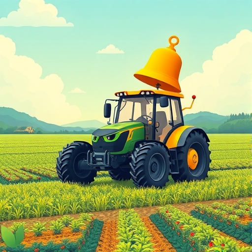 未來農場中掙扎的電動自動駕駛拖拉機，象徵農業科技挑戰與投資圖表下滑的警鐘