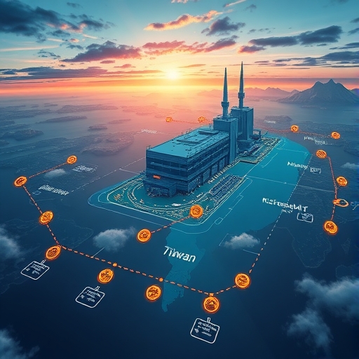 台灣未來半導體工廠,周遭環繞地緣政治地圖與全球供應鏈符號