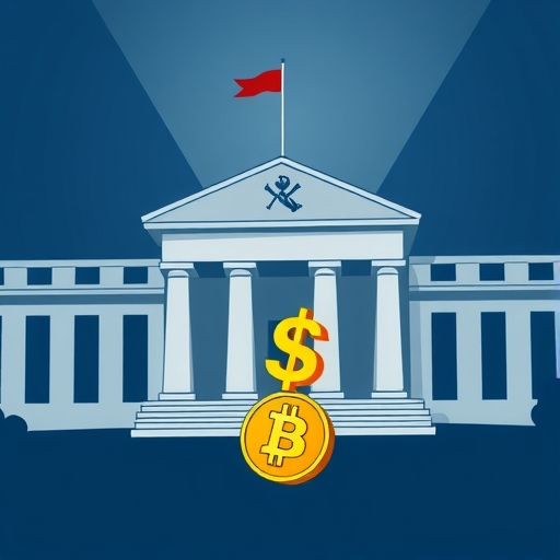 聯準會巨型建築投下陰影壓制比特幣的插圖，強勢美元符號推擠其下墜，描繪宏觀經濟壓力