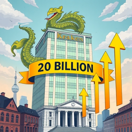 giant Kraken exchange building with IPO banner and growth arrows symbolizing 20 billion valuation