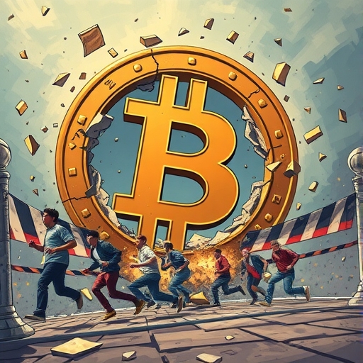 巨型比特幣符號跌破2.5萬美元障礙碎裂插圖,背景中驚慌投資人逃竄,象徵市場恐懼與不確定