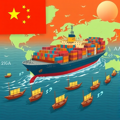 巨型貨船載滿多元產品從繁榮中國港口出航，駛向世界地圖，周圍小船象徵其他國家經濟困境的插圖風格