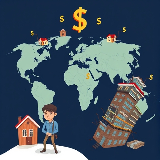全球房地產挑戰插圖:房屋與貨幣符號交織的經濟社會景觀