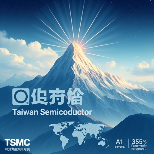 一座標註台灣半導體的宏偉山脈，以台積電為最高峰，向全球地圖發出光芒，驅動智慧手機與AI伺服器，象徵經濟成長與就業創造