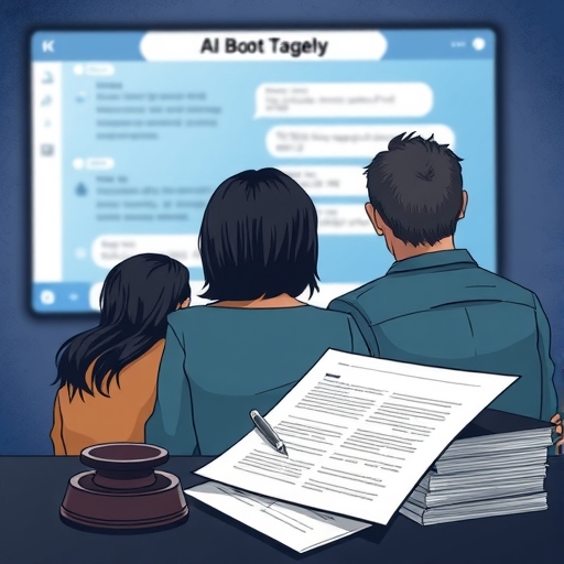 悲傷家庭注視模糊AI聊天機器人螢幕，背景有法律文件象徵訴訟與悲劇的插圖