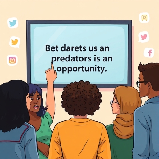 多元家長和社群倡導者群體憂心忡忡地指向模糊螢幕，顯示關於掠食者為機會的爭議引言，周圍環繞社群媒體圖示