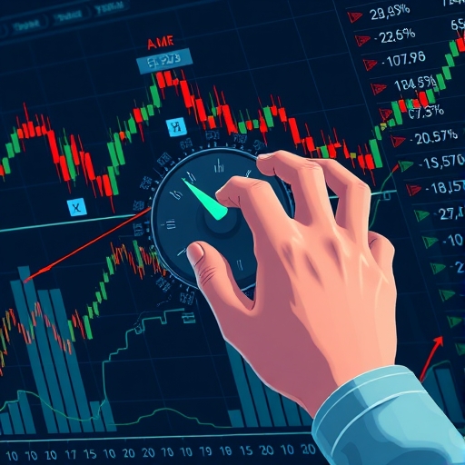 An illustration of a hand adjusting a dial on a complex financial chart with AI stock graphs fluctuating in the background representing market repricing and strategic adjustments for profit and loss mitigation