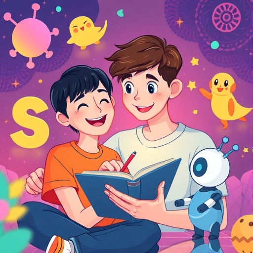 快樂的青少年使用平板與 AI 創作故事書，周圍充滿鮮豔色彩與可愛角色，強調安全的數位環境