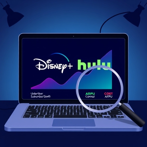 筆電螢幕顯示 Disney+ 和 Hulu 標誌,圖表顯示訂閱成長與 ARPU 上漲趨勢,放大鏡聚焦成本控制,聚光燈照亮獲利性,數位串流介面帶有數據點