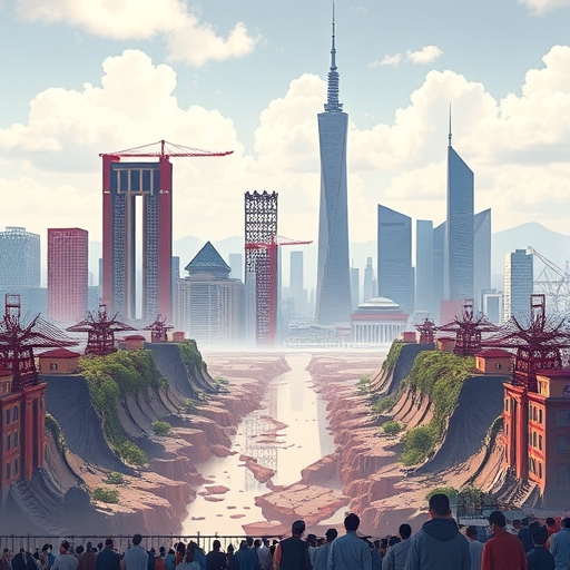 中國房地產危機插圖:城市天際線中未完工建築與裂縫象徵債務崩潰