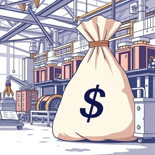 空蕩蕩的金錢袋旁邊的先進工廠線，象徵資金短缺的硬體新創在嚴峻經濟環境中掙扎