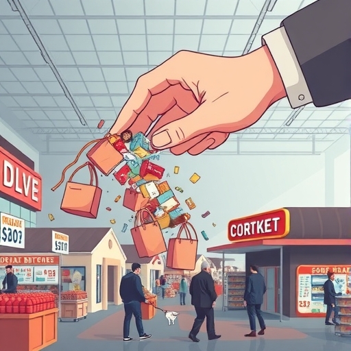 大型手代表主導經濟力量傾倒商品洪流淹沒市場，小型在地企業掙扎求存的插圖風格