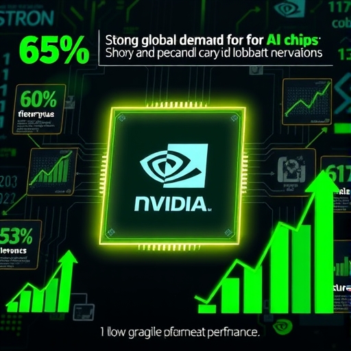 大型發光Nvidia晶片圖像，周圍環繞顯示65%收入增長的數字圖表與上升箭頭，象徵AI晶片全球強勁需求與穩健財務表現