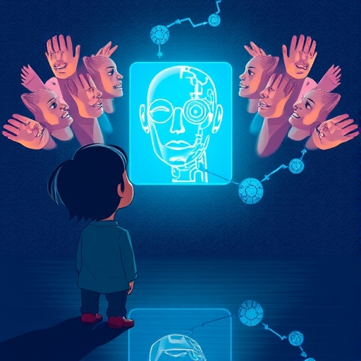 孤獨的人注視發光AI聊天機器人螢幕，周圍出現扭曲臉孔象徵妄想與情感操縱的插圖