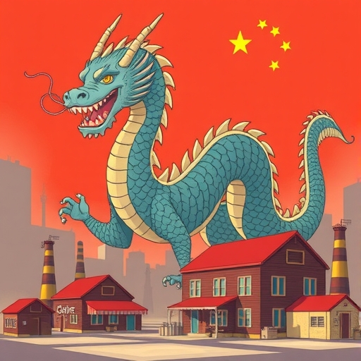 巨型龍形象徵中國經濟實力，投下長影籠罩全球小型工廠與商店，描繪掙扎場景的插圖風格