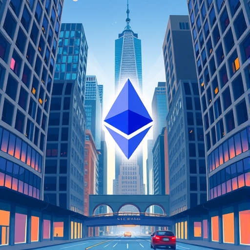 現代城市景觀中融入以太坊標誌的華爾街插圖，象徵數位轉型與金融未來
