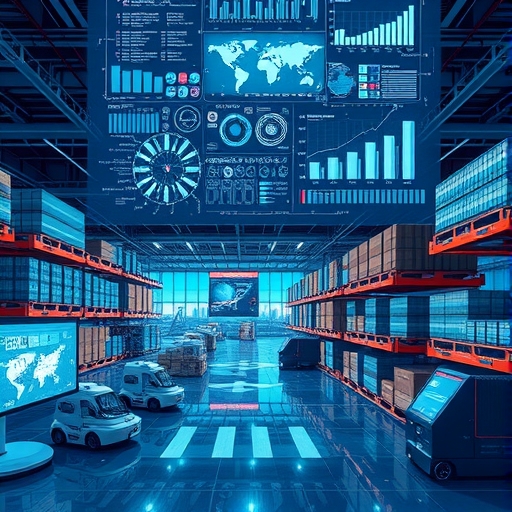 現代物流中心,自動化機器人、數據分析儀表板與互聯數位螢幕,代表先進技術與數位化營運