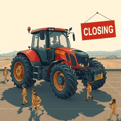 曾經光鮮的電動自動駕駛拖拉機如今顯得疲憊，員工身影離去與關閉陰影籠罩