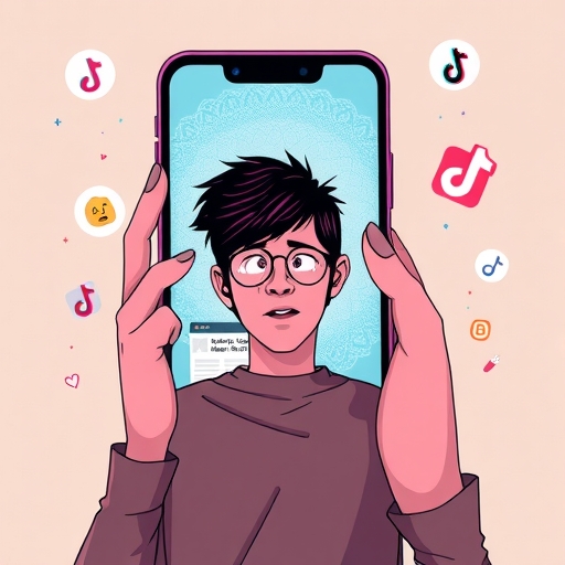 一個人陷入無盡末日滾動循環的插圖，顯示智慧型手機螢幕上的負面新聞、TikTok圖標，以及浮現的數位健康概念