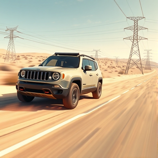 Jeep Recon 純電越野休旅在沙漠公路上高速加速,展現強勁性能與電動動能