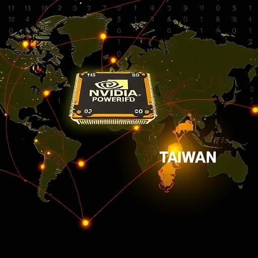 強大的NVIDIA晶片主宰全球地圖，透過連線延伸至台灣供應鏈，台灣地區環繞金色光芒象徵黃金機會