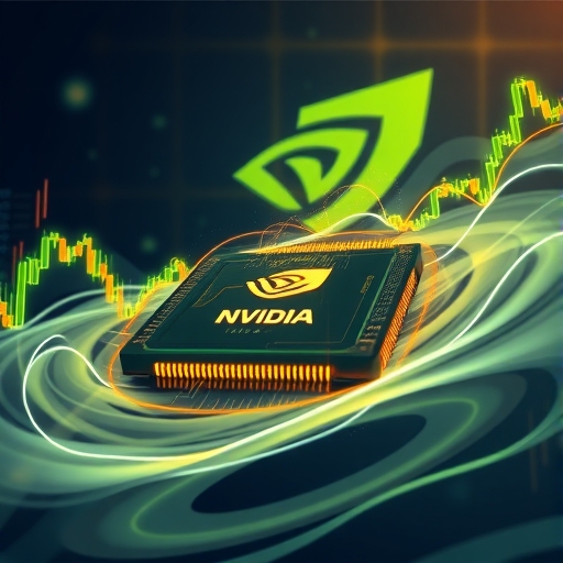 Nvidia AI晶片發光圖像，伴隨市場上漲與下跌趨勢的漩渦圖表，背景有科技巨頭標誌象徵市場波動與未來展望