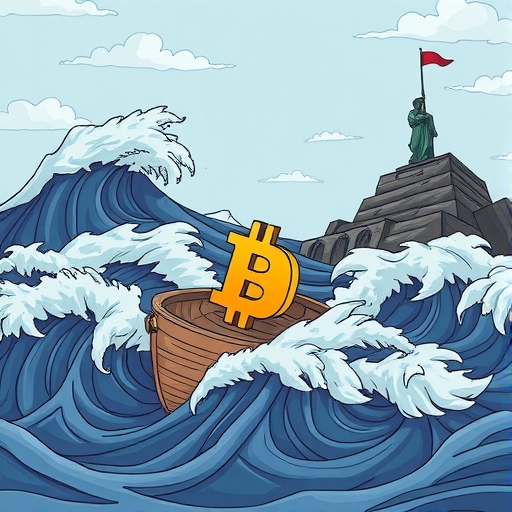 韌性比特幣穿越波動市場插圖,伴隨恐懼浪潮、穩定的美元與自信投資者