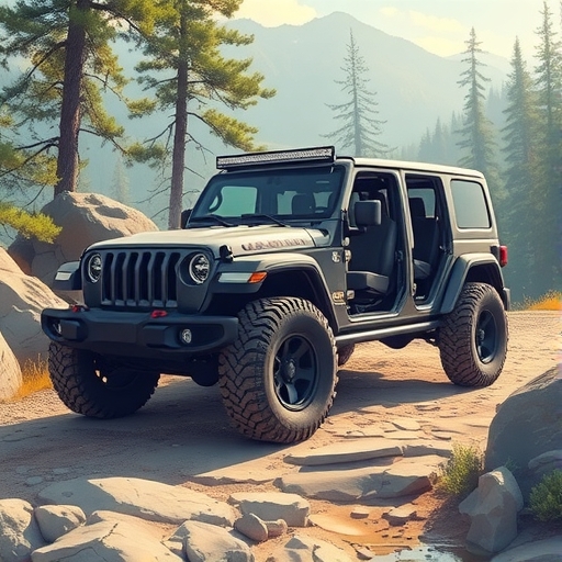 Jeep Recon 純電越野休旅在岩石小徑上停靠,門窗移除展現越野姿態與底盤保護