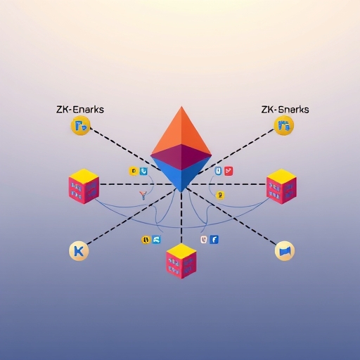 以太坊上安全的 Layer 2 網路插圖，顯示使用 ZK-SNARKs 技術私密處理和捆綁資料交易，確保用戶預設隱私
