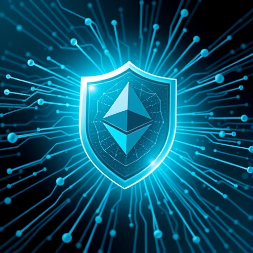 以太坊上安全的私人區塊鏈網路插圖，資料透過盾牌隱形流動，象徵 DeFi 隱私解決方案的里程碑事件