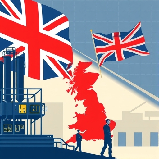 英國半導體工廠受美國出口管制影響的插圖,象徵業務調整與員工憂慮及生產線轉移